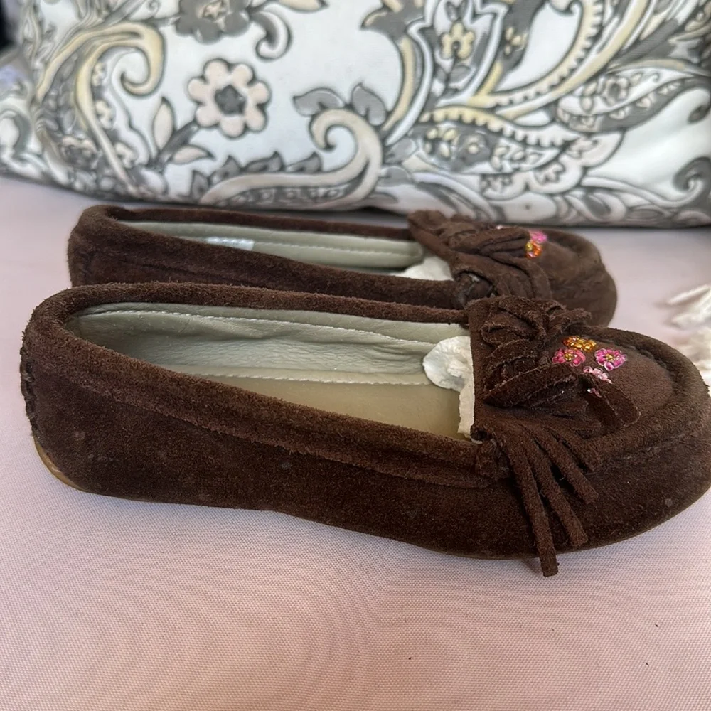 Stride Rite Keller Toddler Girls 9M Brown Suede Moccasins Pink Beaded Fringe